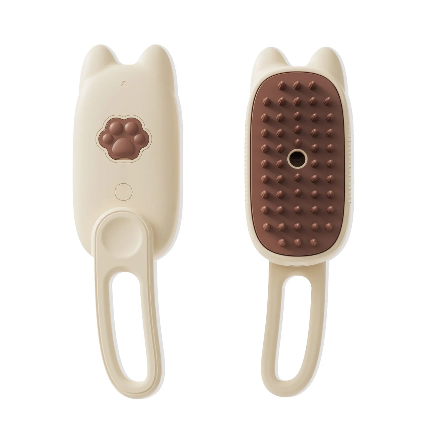 Beige cat ears-shaped 3-in-1 pet steam brush for cleaning and massage