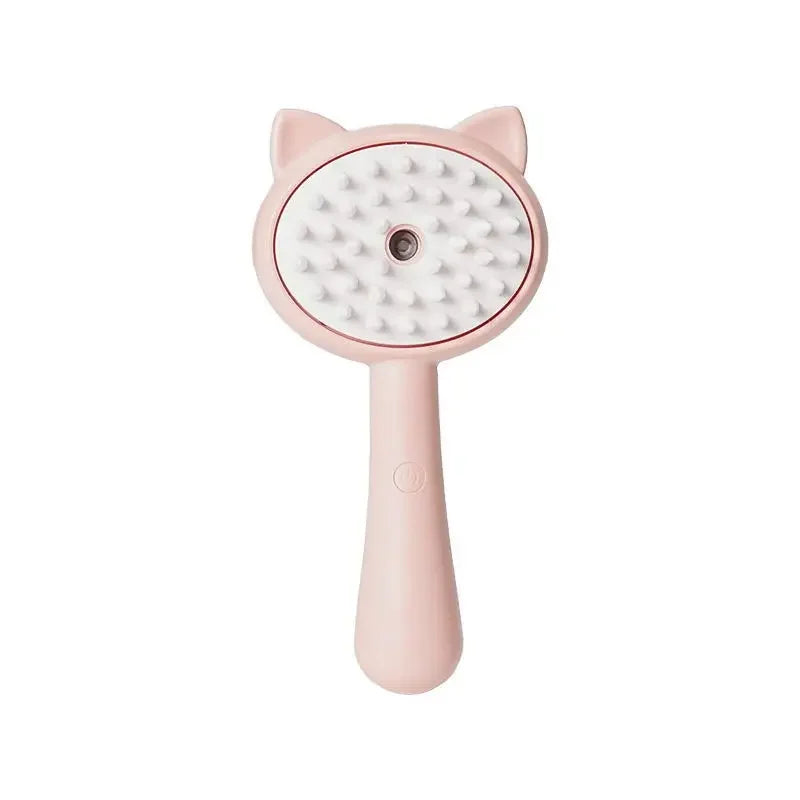 Dusty pink rounded cat ears-shaped 3-in-1 pet steam brush for cleaning and massage