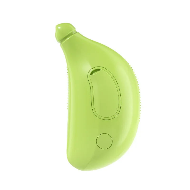 Green banana-shaped 3-in-1 pet steam brush for cleaning and massage