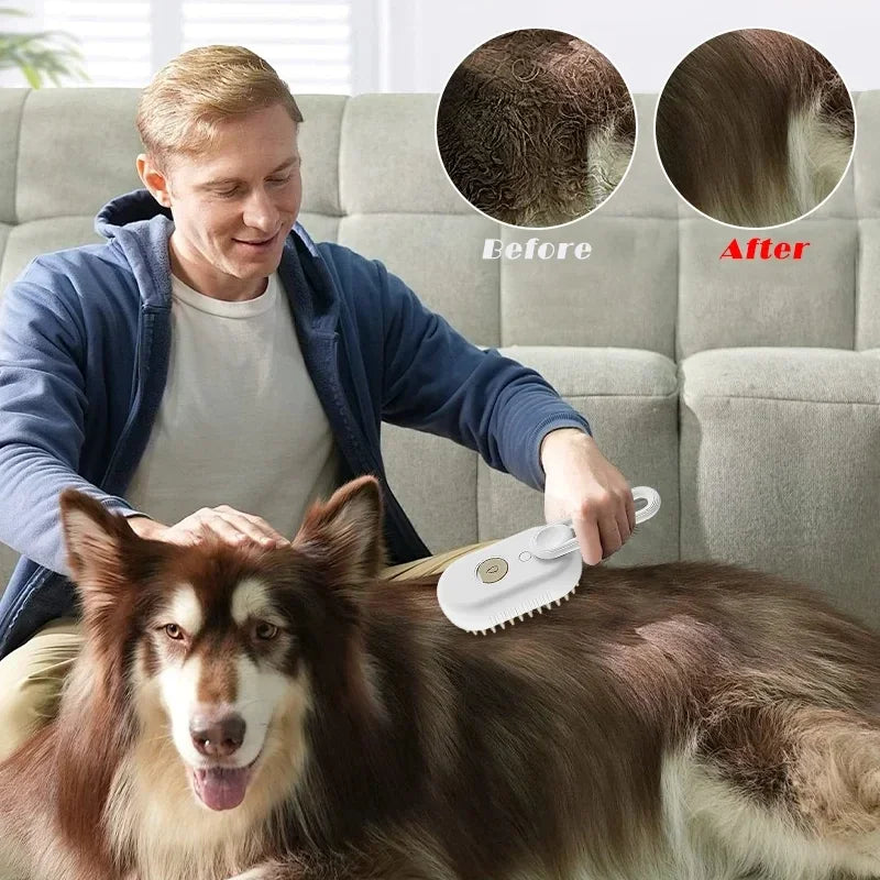 3-in-1 pet steam brush being used for cleaning a dog’s fur