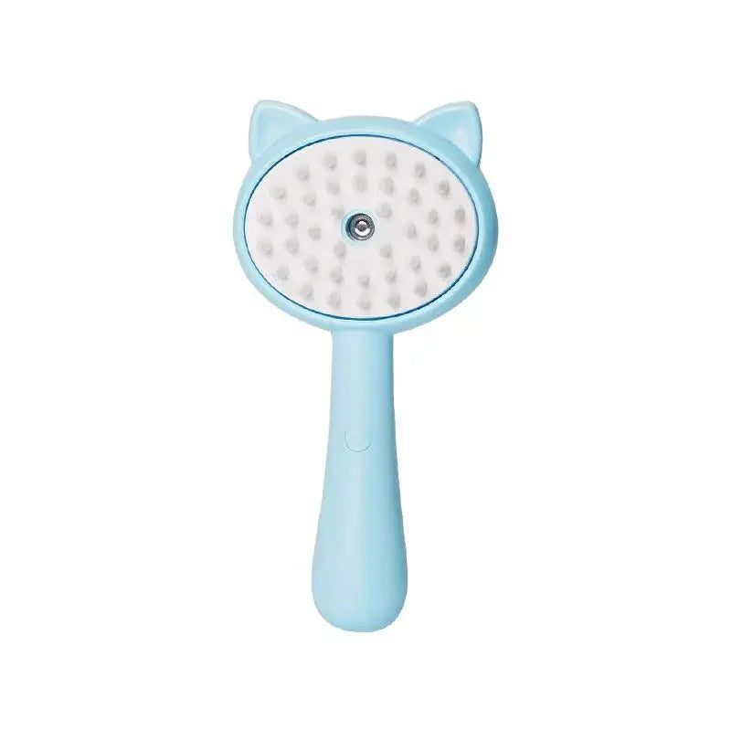 Light blue rounded cat ears-shaped 3-in-1 pet steam brush for cleaning and massage