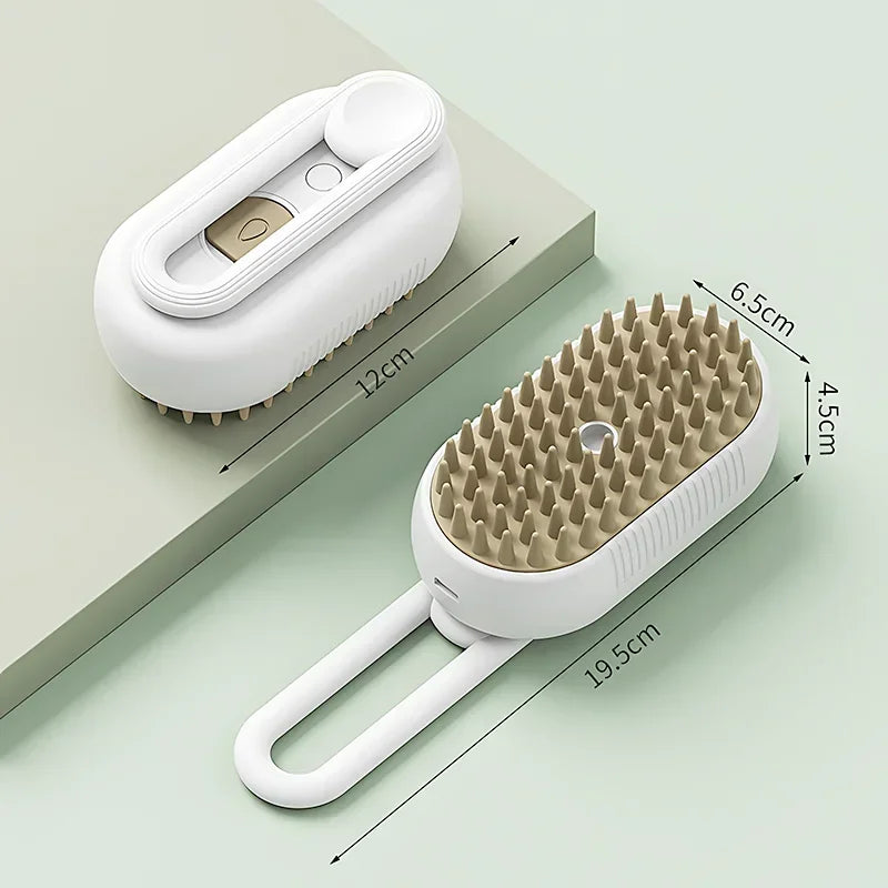 Side view of white 3-in-1 pet steam brush for cleaning and massage