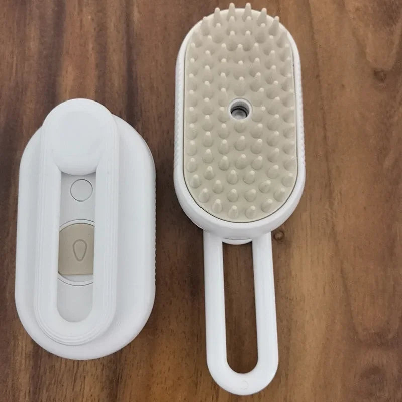 White 3-in-1 pet steam brush for cleaning, spray, and massage