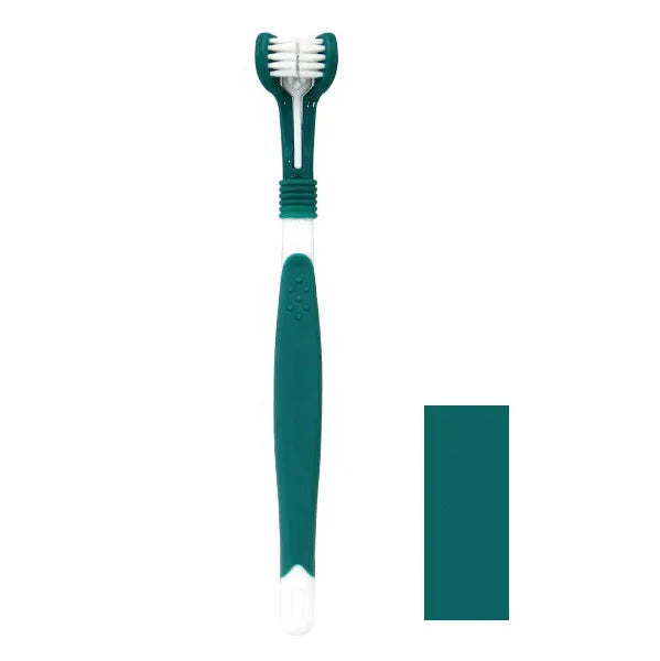 Dark green 3-sided pet toothbrush for dogs and cats, designed for effective dental care