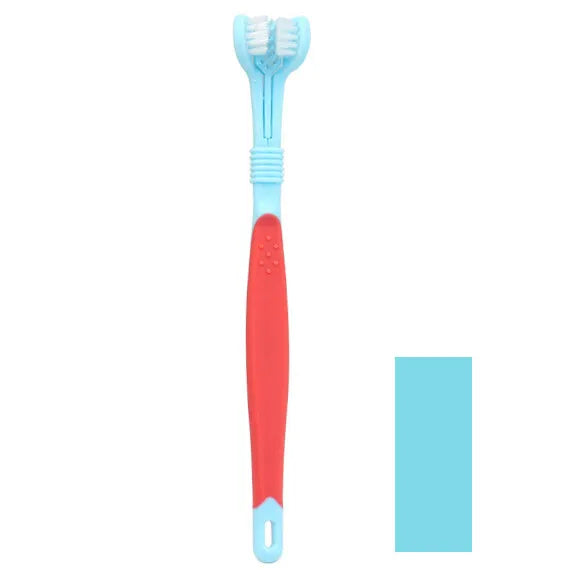 Light blue 3-sided pet toothbrush for dogs and cats, designed for effective dental care and tartar removal