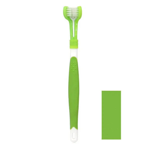 Light green 3-sided pet toothbrush for dogs and cats, ideal for dental care and tartar removal