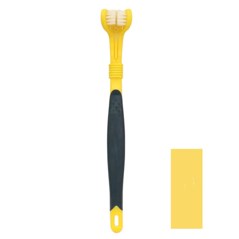 Yellow and black 3-sided pet toothbrush for dogs and cats, perfect for dental care and tartar removal