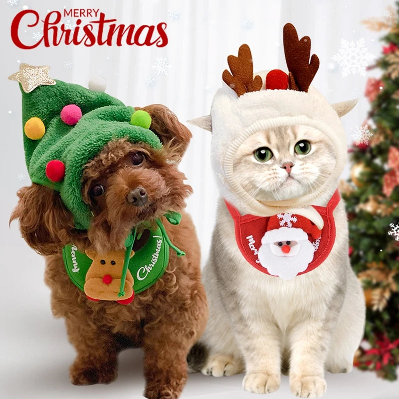 Christmas Hat & Bib Set: Festive Costume for Dogs & Cats