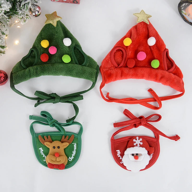 Christmas Hat & Bib Set: Festive Costume for Dogs & Cats