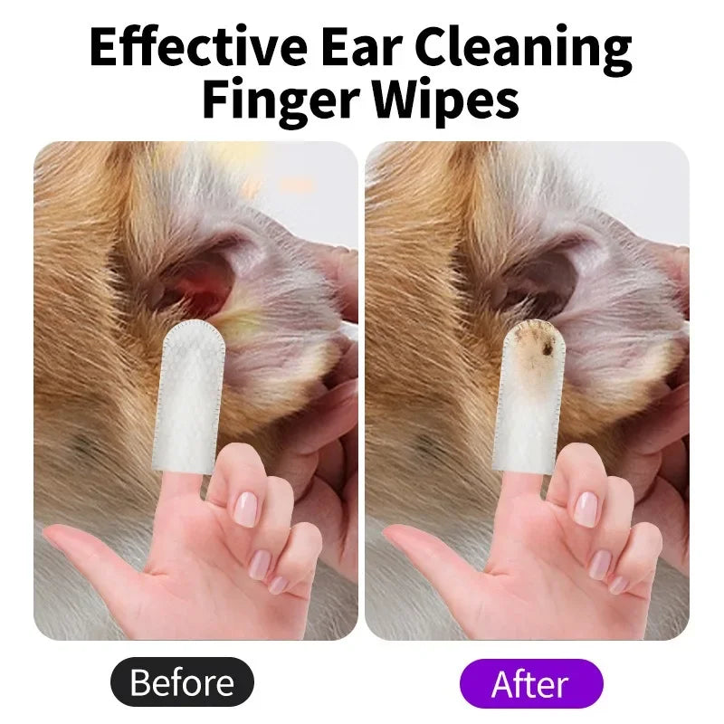 Ear Care Fingertips for Pets, 50 PCS of cleaning wipes designed for dogs and cats, ensuring easy and safe ear cleaning to prevent infections