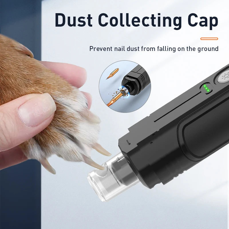 Close-up of Electric Pet Nail Grinder with LED lights, highlighting its precision grinding tool for pet grooming