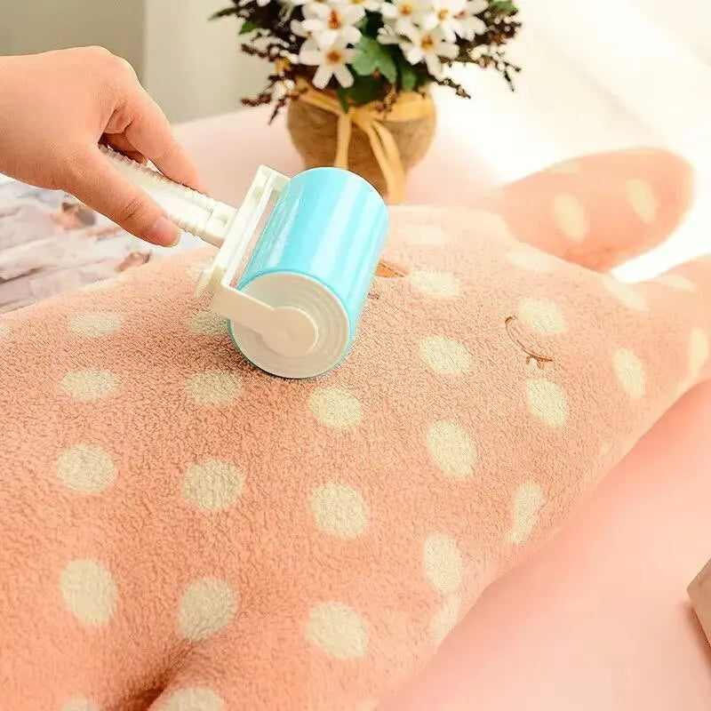 Colorful Lint Roller in action, demonstrating easy pet hair removal from clothing, upholstery, and car interiors