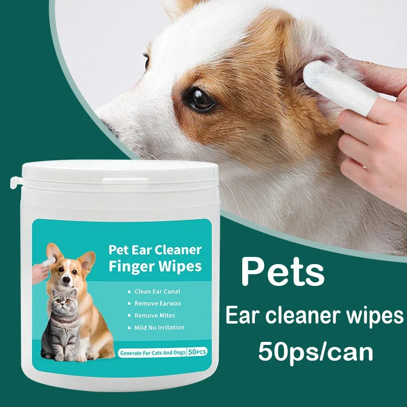 50 PCS Pet Ear Cleaning Wipes for Dogs & Cats, designed for effective ear care and mite removal, promoting healthy ears for your furry friends