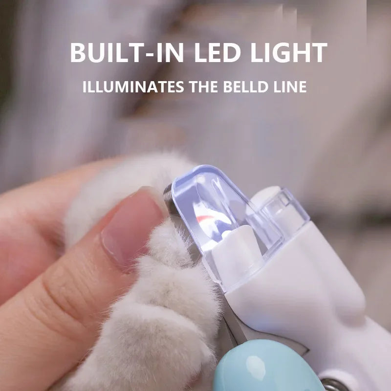 Close-up of Professional Pet Nail Clippers featuring LED light for precision trimming of dog and cat nails